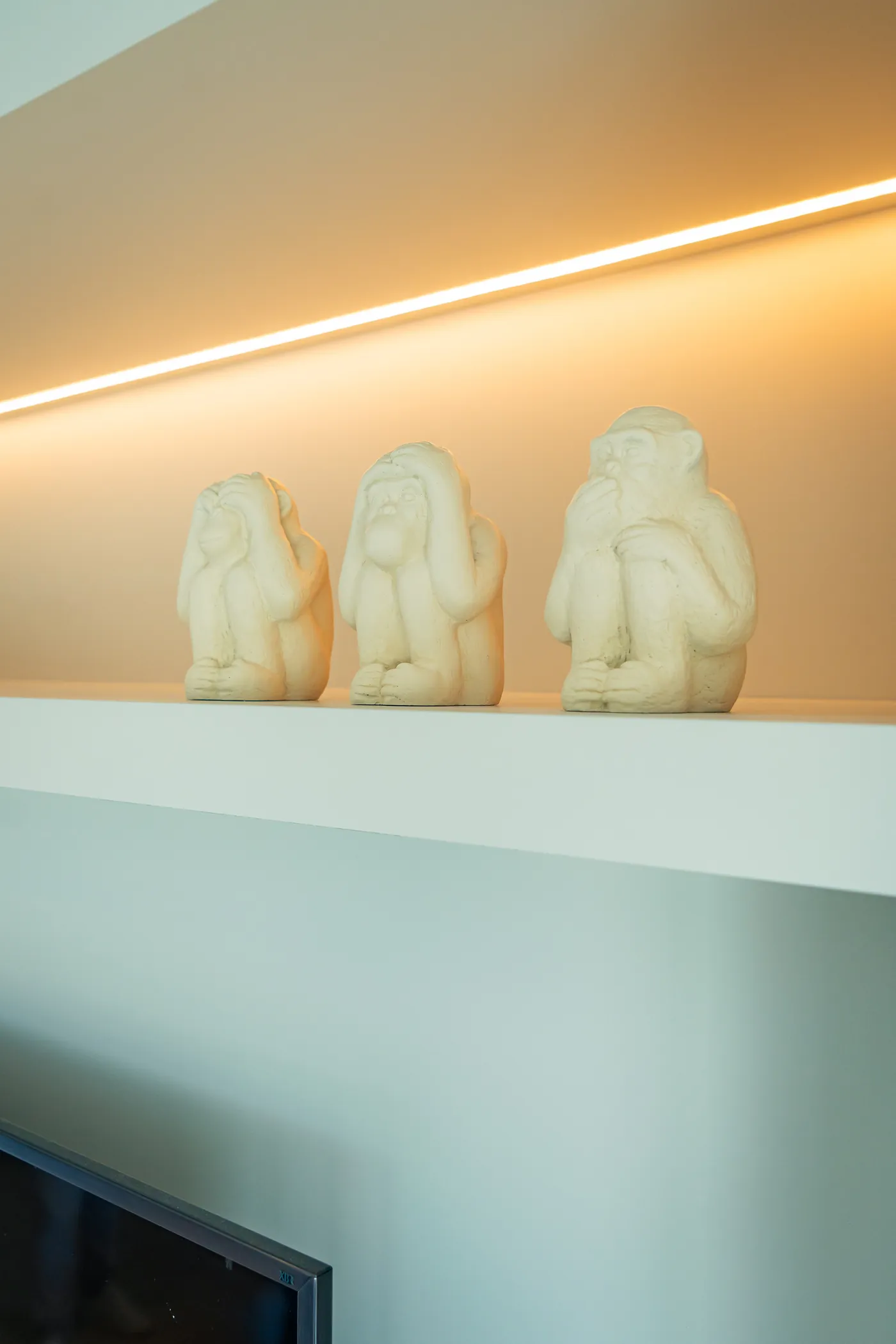 Detalhe de prateleira com iluminação linear embutida